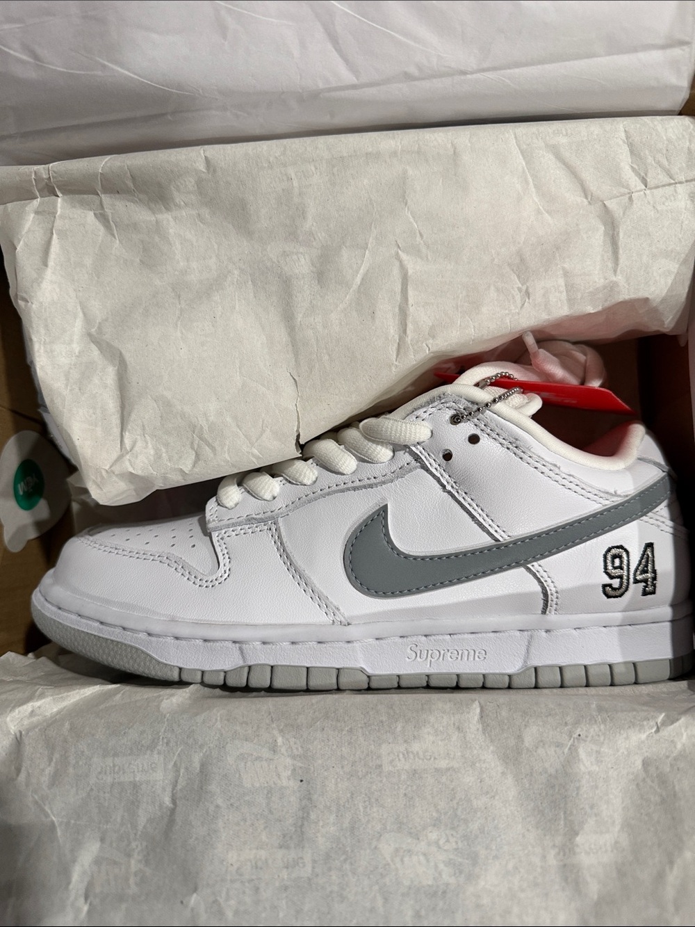 Nike White and Gray Dunk Low with '94 Embroidery